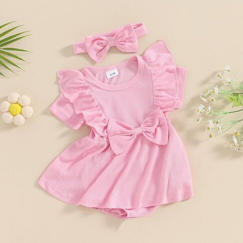 Newborn Baby Girl Summer Outfit Ribbed Knit Short Sleeve Romper Dress Solid Ruffle Romper Skirt Bodysuit Clothes in Saudi Arabia