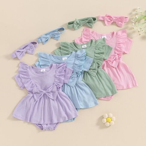 Newborn Baby Girl Summer Outfit Ribbed Knit Short Sleeve Romper Dress Solid Ruffle Romper Skirt Bodysuit Clothes in Saudi Arabia