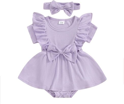 Newborn Baby Girl Summer Outfit Ribbed Knit Short Sleeve Romper Dress Solid Ruffle Romper Skirt Bodysuit Clothes in Saudi Arabia