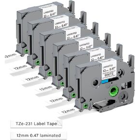 Replace for Brother P-Touch Label Tape 12mm 0.47" Laminated White TZ Tape TZe-231 TZe231 Compatible with Brother Ptouch Label Maker PT-D210 PTH110 PTD220 PTD410, 6-Pack in Kuwait