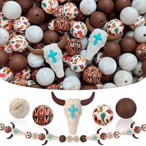 55 Bohemia Silicone Beads Bulk Sets Western Cowboy Beef Bone Focal Beads for Keychains Pen Making Kits 15mm Round Loose Beads for Bracelet Wrist Jewelry Making in Saudi Arabia