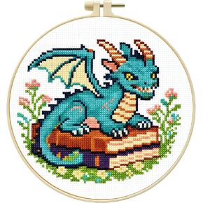 Zhenqing Cute Dragon on Books Cross Stitch Kit, 11CT Printed 24x24cm with Hoop, Fantasy Embroidery Set for Beginners (70976) in Saudi Arabia