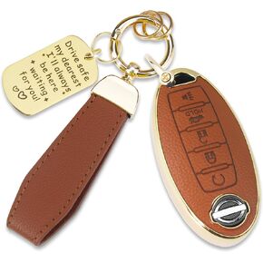 Soft TPU & Leather Key Fob Cover Compatible with Nissan Pathfinder Rogue Altima Armada Maxima Murano Sedan Sentra Versa, with Keychain & Metal Blessing Tag (5 Button Brown) in Saudi Arabia