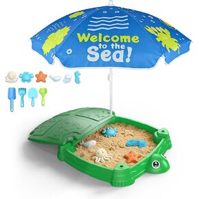 Turtle Sandbox with Lid and Adjustable Umbrella, Large Square Sand Box with 6 Molds & 4 Shovels, Outdoor Beach Toys for Toddlers Ages 3+ in Saudi Arabia