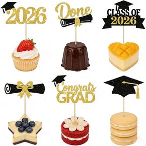 24PCS Graduation Cupcake Toppers,2026 Congrats Grad Cake Topper,Glitter Gold Black Cap and Diploma Cake Picks,Class of 2026 Dessert Decorations for Graduation Party Supplies Table Decor,6 Styles in Saudi Arabia