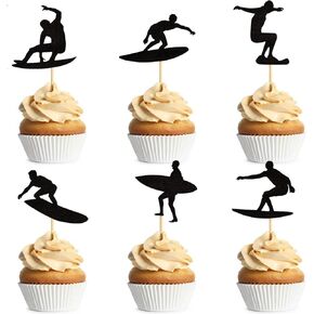 24PCS Surfing Cupcake Toppers Summer Surfboard Sport Cake Toppers Decoration for Summer Beach Surfing Theme Birthday Party Cake Supplies Black in Saudi Arabia