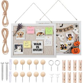 2-Pack Cork Board with Linen, 15.7" x 11.8" White Bulletin Board, Wood Framed Hanging Pin Boards for Wall, Vision Boards Kit for Office Home Decor, 20 Pushpins & 8 Clips in Kuwait