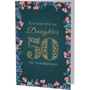 50th Birthday Card for Daughter – Floral Gold A5 Greeting Card with Printed Verse – Premium UK Made Milestone Design in Saudi Arabia
