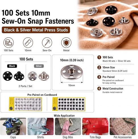 Meikeer 100 Sets Sew‑on Snap Buttons 10mm, Black and Silver Metal Snap Fasteners for Clothing, Bags, Crafts (10mm) in Saudi Arabia