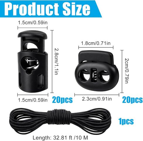41 PCS Cord Locks Set - 20 PCS Sing-Hole Spring Toggle Stopper, 20 PCS Double-Hole Spring Cords Lock with 33ft Elastic Heavy Stretch Round Bungee Cord for Drawstring Shoelaces Pants Backpack Luggage in Saudi Arabia