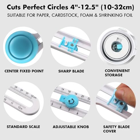 Circle Cutter for Crafts, Cuts 4" - 12.5" (4-32cm) Perfect Circles for Scrapbooking, DIY Cards & Home Decor, Fits Paper, Cardstock & Foam, Comes with 3 Replacement Blades in Saudi Arabia