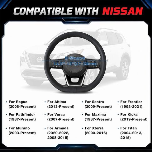 Steering Wheel Cover for Nissan Rogue Altima Sentra Frontier Pathfinder Versa Kicks Maxima Murano, D-Shaped, Standard Size 14.5-15", Black in Saudi Arabia