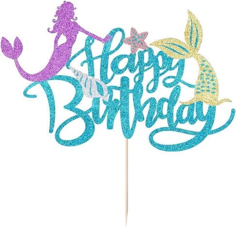 Sleyberoy Glitter Mermaid Happy Birthday Cake Topper - Mermaid Under The Sea Theme Cake Topper, Baby Shower Gender Reveal Party, Birthday Party Supplies (1) in Saudi Arabia