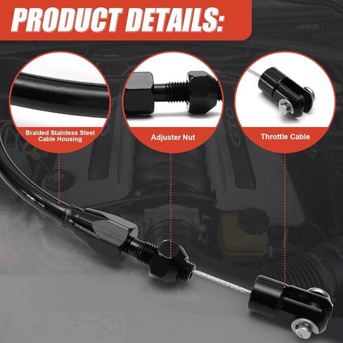 24 Inch Universal Throttle Cable, Stainless Steel Braided Cover, Aluminum Fitting, Adjustable Accelerator Cable with Locking Kit Black in Saudi Arabia