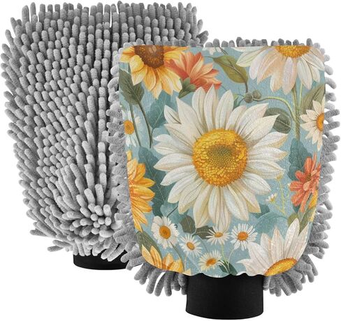 قفاز غسيل وتجفيف السيارة من ALAZA Sunflower Daisy Flower خالي من الخدوش، 2 عبوة من قفازات الغسيل والتجفيف المصنوعة من الألياف الدقيقة الماصة/الشانيل، مقاس L in Kuwait