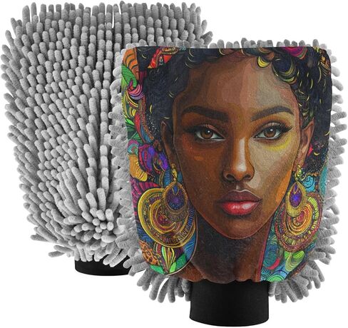 قفاز غسيل السيارات البوهيمي من ALAZA African American Woman خالٍ من الخدوش، قطعتان من قفازات الغسيل والتجفيف المصنوعة من الألياف الدقيقة الماصة/الشانيل، مقاس M in Kuwait