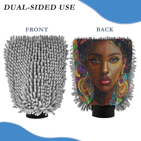 قفاز غسيل السيارات البوهيمي من ALAZA African American Woman خالٍ من الخدوش، قطعتان من قفازات الغسيل والتجفيف المصنوعة من الألياف الدقيقة الماصة/الشانيل، مقاس M in Kuwait
