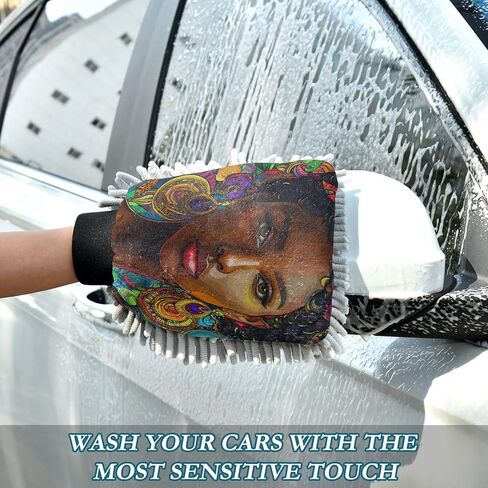 قفاز غسيل السيارات البوهيمي من ALAZA African American Woman خالٍ من الخدوش، قطعتان من قفازات الغسيل والتجفيف المصنوعة من الألياف الدقيقة الماصة/الشانيل، مقاس M in Kuwait