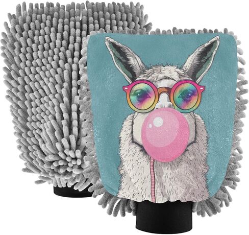 قفازات غسيل وتجفيف السيارة من ALAZA Funny Llama Rainbow Glasses خالية من الخدوش، قطعتان من الألياف الدقيقة الماصة/الشانيل للغسيل والتجفيف، مقاس M in Kuwait
