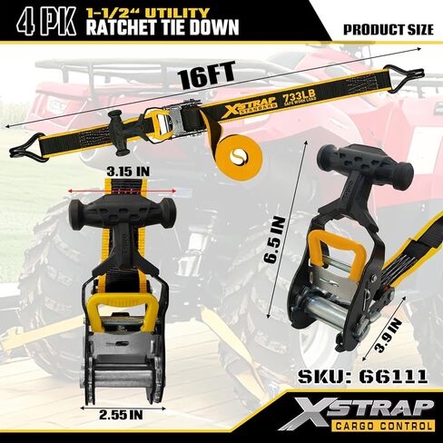 XSTRAP STANDARD 4-PK Heavy Duty Ratchet Straps, 1.5" x 16FT, 3300 lbs Break Strength Tie Down Straps, Ergonomic T-Handle with Double J Hooks & Ammo Storage Box for Truck, Motorcycle, ATV, Trailer, UTV in Saudi Arabia