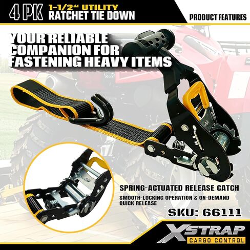 XSTRAP STANDARD 4-PK Heavy Duty Ratchet Straps, 1.5" x 16FT, 3300 lbs Break Strength Tie Down Straps, Ergonomic T-Handle with Double J Hooks & Ammo Storage Box for Truck, Motorcycle, ATV, Trailer, UTV in Saudi Arabia