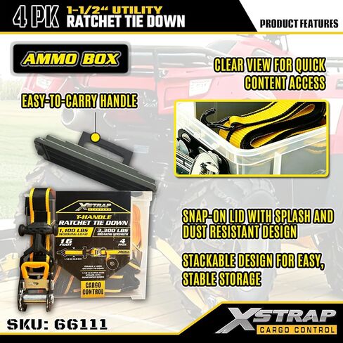 XSTRAP STANDARD 4-PK Heavy Duty Ratchet Straps, 1.5" x 16FT, 3300 lbs Break Strength Tie Down Straps, Ergonomic T-Handle with Double J Hooks & Ammo Storage Box for Truck, Motorcycle, ATV, Trailer, UTV in Saudi Arabia