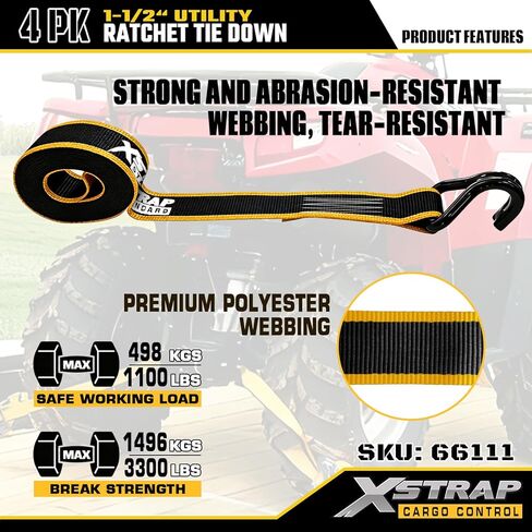 XSTRAP STANDARD 4-PK Heavy Duty Ratchet Straps, 1.5" x 16FT, 3300 lbs Break Strength Tie Down Straps, Ergonomic T-Handle with Double J Hooks & Ammo Storage Box for Truck, Motorcycle, ATV, Trailer, UTV in Saudi Arabia