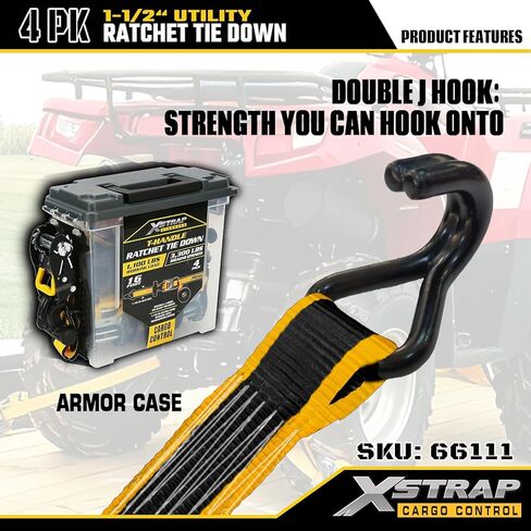 XSTRAP STANDARD 4-PK Heavy Duty Ratchet Straps, 1.5" x 16FT, 3300 lbs Break Strength Tie Down Straps, Ergonomic T-Handle with Double J Hooks & Ammo Storage Box for Truck, Motorcycle, ATV, Trailer, UTV in Saudi Arabia