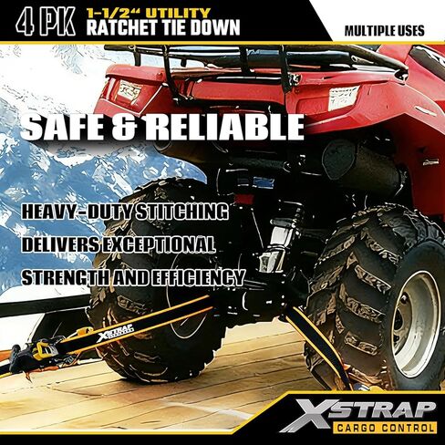 XSTRAP STANDARD 4-PK Heavy Duty Ratchet Straps, 1.5" x 16FT, 3300 lbs Break Strength Tie Down Straps, Ergonomic T-Handle with Double J Hooks & Ammo Storage Box for Truck, Motorcycle, ATV, Trailer, UTV in Saudi Arabia