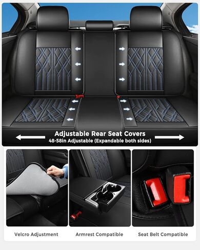 Huidasource Rear Seat Covers, Waterproof Leather Split Bench Back Seat Cover, Vehicle Seat Cushion Cover Protector Universal Fit for Most Cars Sedan Pickup Truck SUV (Back Row/Black&Blue) in Saudi Arabia