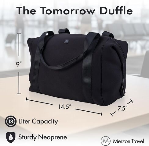 The Tomorrow Duffle from Merzon Travel, Weekender Carry On Duffle with 18L Capacity, TSA Approved Personal Item, Travel Bag with Trolley Sleeve, Made from Sturdy Neoprene and Nylon, NTB-714-BLK, Black in Kuwait