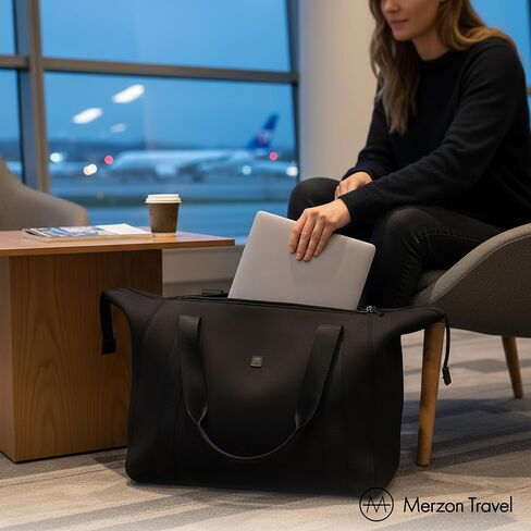 The Tomorrow Duffle from Merzon Travel, Weekender Carry On Duffle with 18L Capacity, TSA Approved Personal Item, Travel Bag with Trolley Sleeve, Made from Sturdy Neoprene and Nylon, NTB-714-BLK, Black in Kuwait