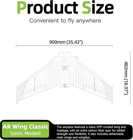 Buddy RC Sonic Modell AR Wing Classic RC Airplane، FPV Plane RC Airplane للبالغين مع جناحيها 900 مم، طائرة RC سهلة التحكم للمهرة (إصدار PNP، أسود) in Kuwait