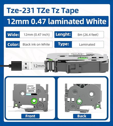 Replace for Brother P-Touch Label Tape 12mm 0.47" Laminated White TZ Tape TZe-231 TZe231 Compatible with Brother Ptouch Label Maker PT-D210 PTH110 PTD220 PTD410, 6-Pack in Kuwait
