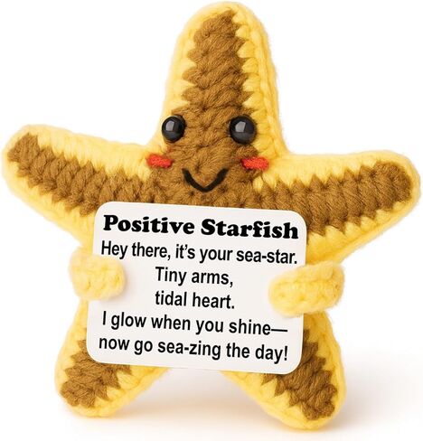 Positive Calming Gift – Mini Crochet Starfish Plush with Message Sign, Handmade 4-inch, Coastal Orange, Kawaii Desk Decor, Year-Round Encouragement in Saudi Arabia