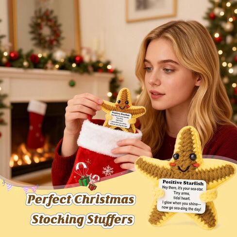Positive Calming Gift – Mini Crochet Starfish Plush with Message Sign, Handmade 4-inch, Coastal Orange, Kawaii Desk Decor, Year-Round Encouragement in Saudi Arabia
