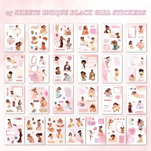 25 Sheets Fashion Black Girl Scrapbook Stickers, Junk Journal Supplies | 200+ Pcs Vinyl Waterproof Aesthetic Inspirational in Saudi Arabia