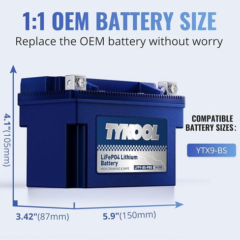 YTX9-BS-PRO LiFePO4 battery, 5Ah 300CCA, 3X Cranking Amps, 5X Longer Life, Powersports ATV UTV Riding Lawn Mower Battery Compatible with Honda EU3000is 400ex Predator Generator in Kuwait