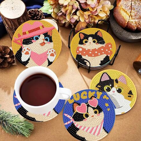 TCDZMYGS 8 Pcs Diamond Art Coasters Kit, Cute Cat Diamond Painting Coasters Kits for Adults, 5D Full Drill Diamond Dot Gem Art Craft Kit with Holder, Fun DIY Non Slip Coaster for Home Decor in Saudi Arabia