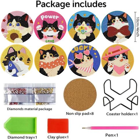 TCDZMYGS 8 Pcs Diamond Art Coasters Kit, Cute Cat Diamond Painting Coasters Kits for Adults, 5D Full Drill Diamond Dot Gem Art Craft Kit with Holder, Fun DIY Non Slip Coaster for Home Decor in Saudi Arabia