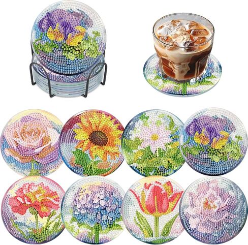 TCDZMYGS 8 Pcs Diamond Art Coasters Kit, Cute Cat Diamond Painting Coasters Kits for Adults, 5D Full Drill Diamond Dot Gem Art Craft Kit with Holder, Fun DIY Non Slip Coaster for Home Decor in Saudi Arabia