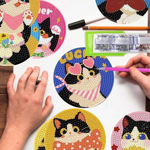 TCDZMYGS 8 Pcs Diamond Art Coasters Kit, Cute Cat Diamond Painting Coasters Kits for Adults, 5D Full Drill Diamond Dot Gem Art Craft Kit with Holder, Fun DIY Non Slip Coaster for Home Decor in Saudi Arabia