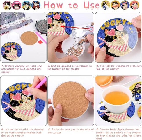 TCDZMYGS 8 Pcs Diamond Art Coasters Kit, Cute Cat Diamond Painting Coasters Kits for Adults, 5D Full Drill Diamond Dot Gem Art Craft Kit with Holder, Fun DIY Non Slip Coaster for Home Decor in Saudi Arabia