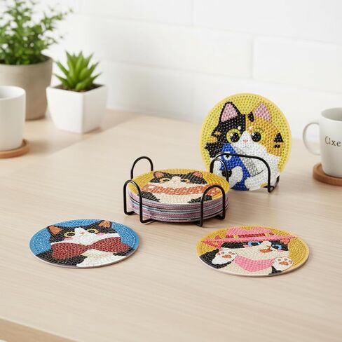 TCDZMYGS 8 Pcs Diamond Art Coasters Kit, Cute Cat Diamond Painting Coasters Kits for Adults, 5D Full Drill Diamond Dot Gem Art Craft Kit with Holder, Fun DIY Non Slip Coaster for Home Decor in Saudi Arabia