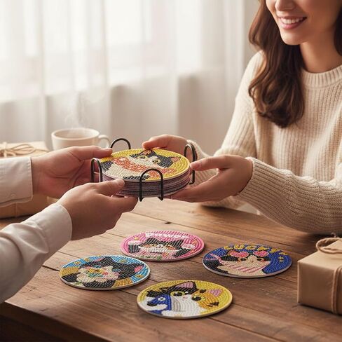 TCDZMYGS 8 Pcs Diamond Art Coasters Kit, Cute Cat Diamond Painting Coasters Kits for Adults, 5D Full Drill Diamond Dot Gem Art Craft Kit with Holder, Fun DIY Non Slip Coaster for Home Decor in Saudi Arabia
