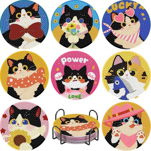 TCDZMYGS 8 Pcs Diamond Art Coasters Kit, Cute Cat Diamond Painting Coasters Kits for Adults, 5D Full Drill Diamond Dot Gem Art Craft Kit with Holder, Fun DIY Non Slip Coaster for Home Decor in Saudi Arabia