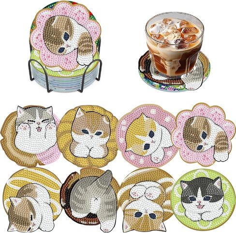 TCDZMYGS 8 Pcs Diamond Art Coasters Kit, Cute Cat Diamond Painting Coasters Kits for Adults, 5D Full Drill Diamond Dot Gem Art Craft Kit with Holder, Fun DIY Non Slip Coaster for Home Decor in Saudi Arabia