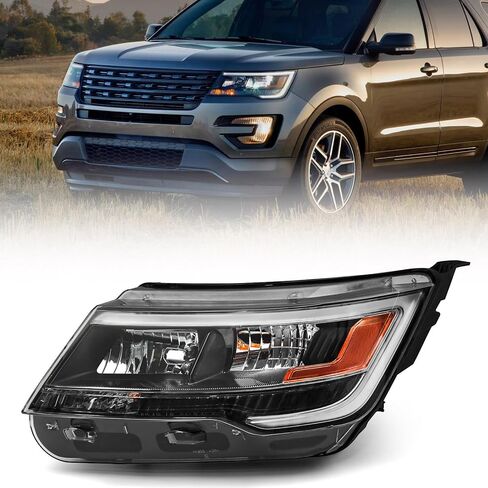 مجموعة المصابيح الأمامية FIONE متوافقة مع Ford Explorer 2016 2017 2018 [طراز الهالوجين] مصباح أمامي بديل للمبيت الأسود مع LED DRL جانب السائق الأيسر LH FB5Z 13008 AD in Kuwait