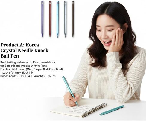 Korea Crystal Needle Knock Ball Pen Set, 0.7mm Fine Point Black Ink, Smooth Writing Pens for School, Office, Journaling, 5 Color Pack (Mint, Purple, Red, Gray, Gold) in Saudi Arabia