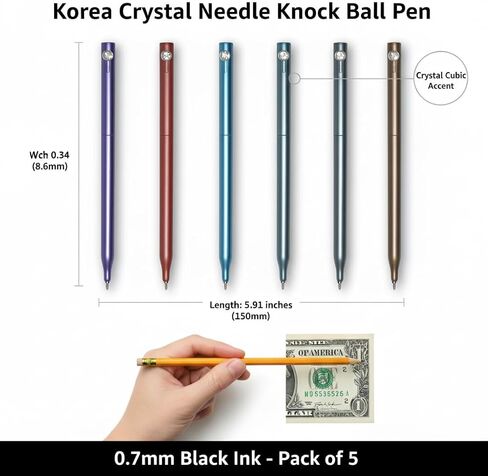 Korea Crystal Needle Knock Ball Pen Set, 0.7mm Fine Point Black Ink, Smooth Writing Pens for School, Office, Journaling, 5 Color Pack (Mint, Purple, Red, Gray, Gold) in Saudi Arabia